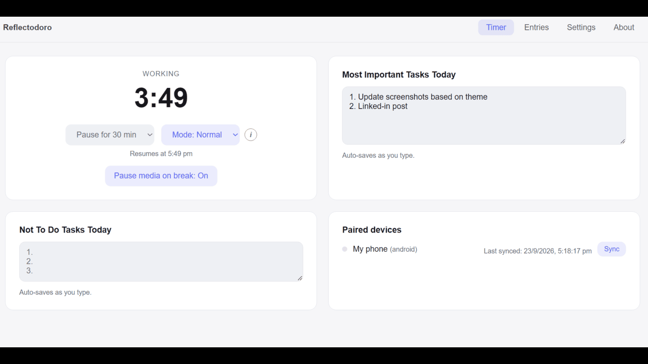 Main timer window with wall-clock countdown and Most Important Tasks panel