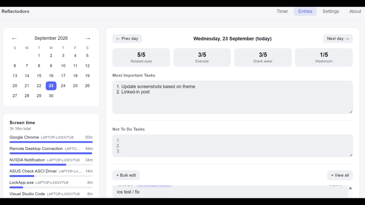 Entries view showing daily wellness stats and reflection history on a calendar